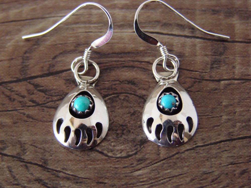Navajo Indian Sterling Silver Turquoise Bear Paw Dangle Earrings by Leta  Parker
