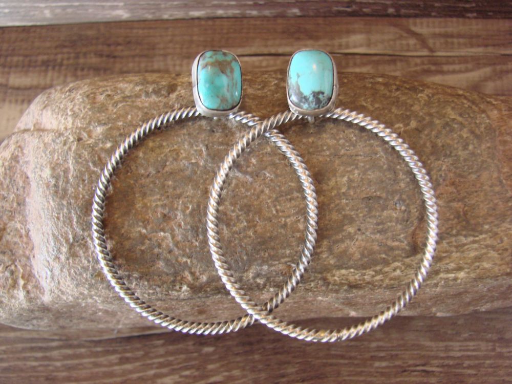 Navajo Indian Hand Stamped Sterling Silver Turquoise Post Earrings by Betone 