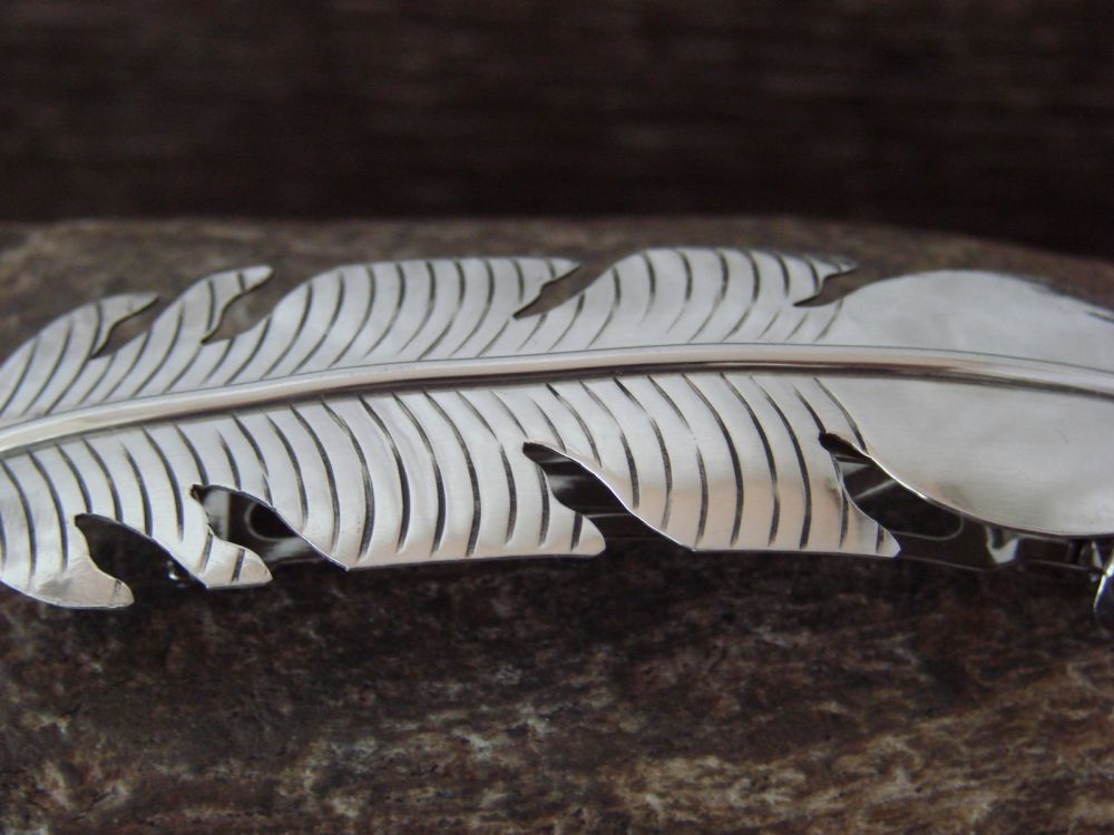Navajo Indian Jewelry Sterling Silver Feather Hair Barrette by Douglas Etsitty 