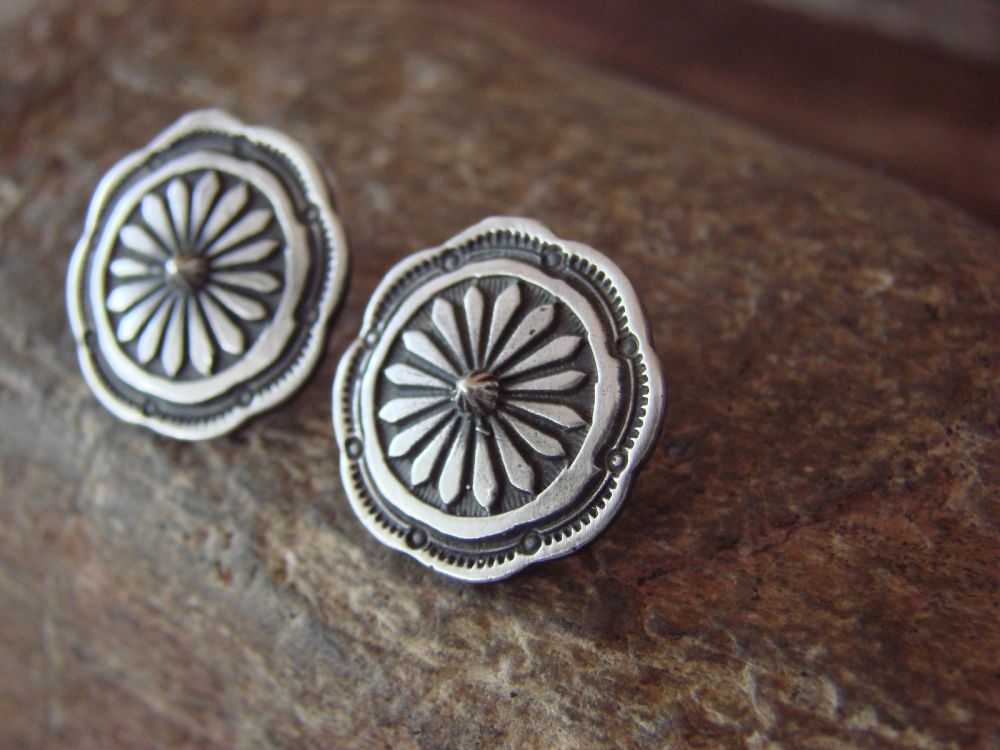 Navajo Handmade Sterling Silver Concho Stamp Stud Post Earrings 