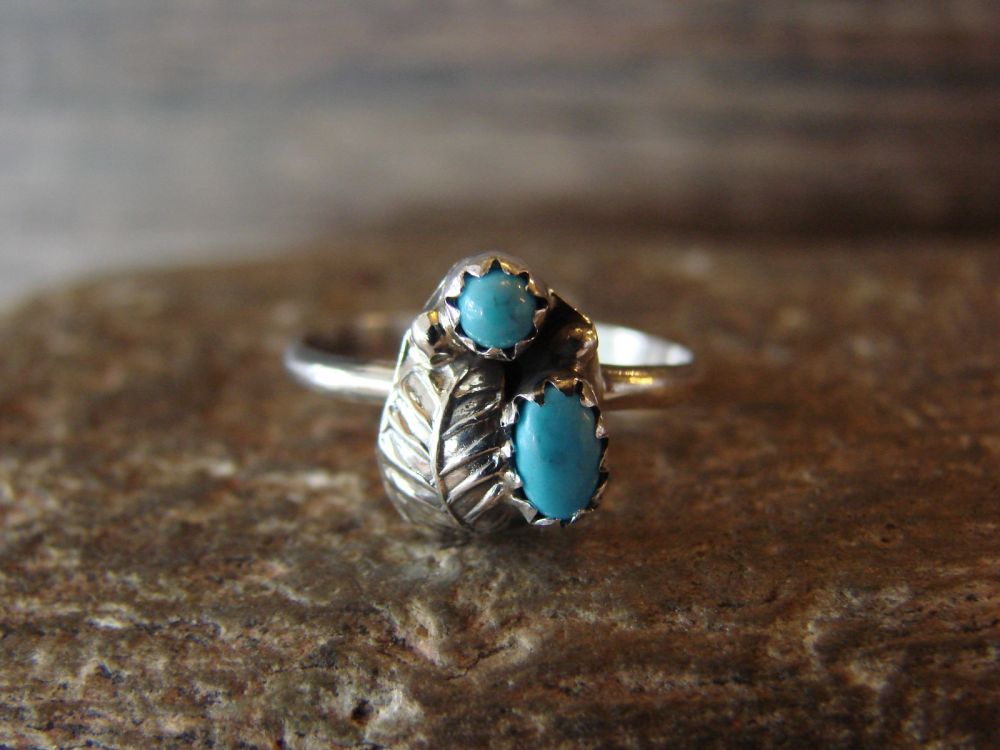 Navajo Sterling Silver Feather & Turquoise Ring Size 6- Roselene Joe