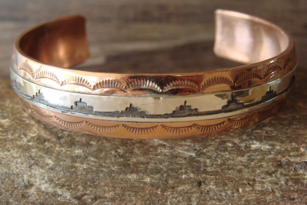 Navajo Hand Stamped Copper & Sterling Silver Bracelet by Skeets 