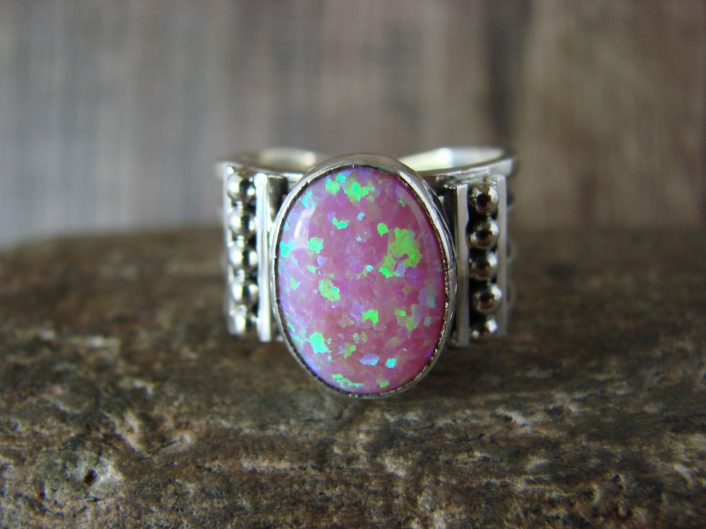 Navajo Indian Sterling Silver Pink Opal Ring Size 7 by Grace Kenneth 