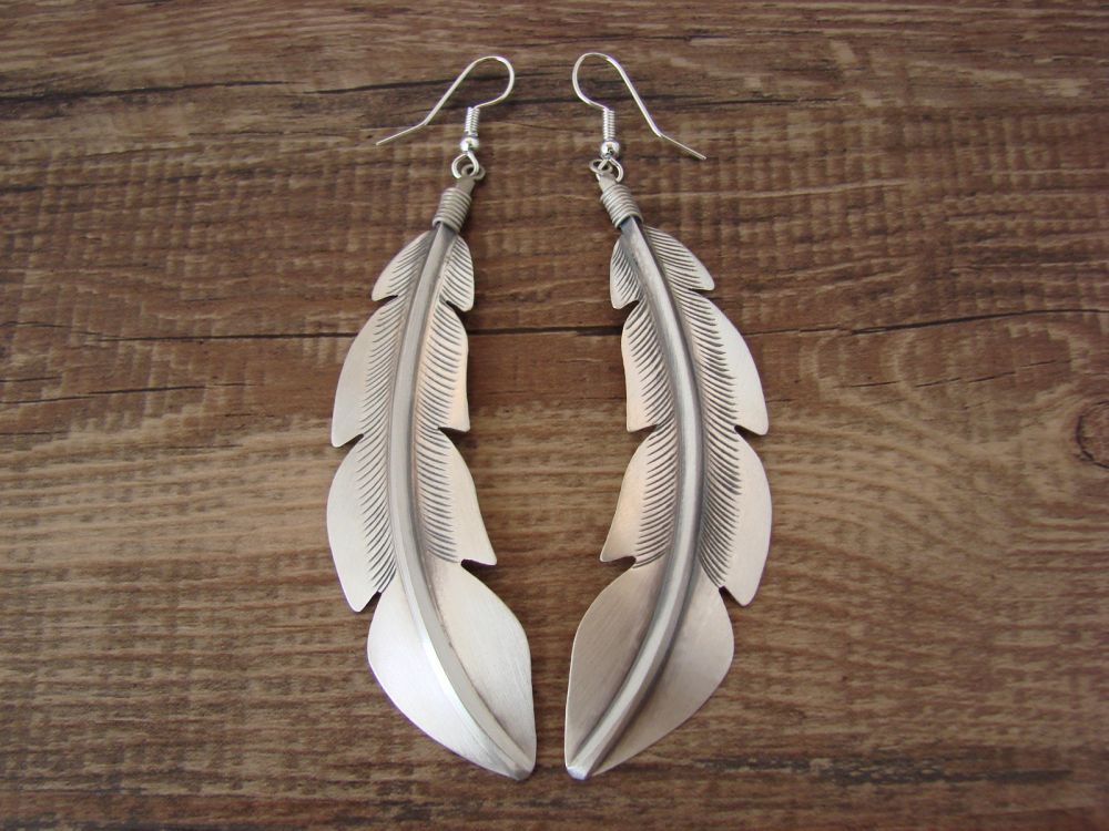 Navajo Indian Sterling Silver Turquoise Feather Dangle Earrings by Louise Joe 