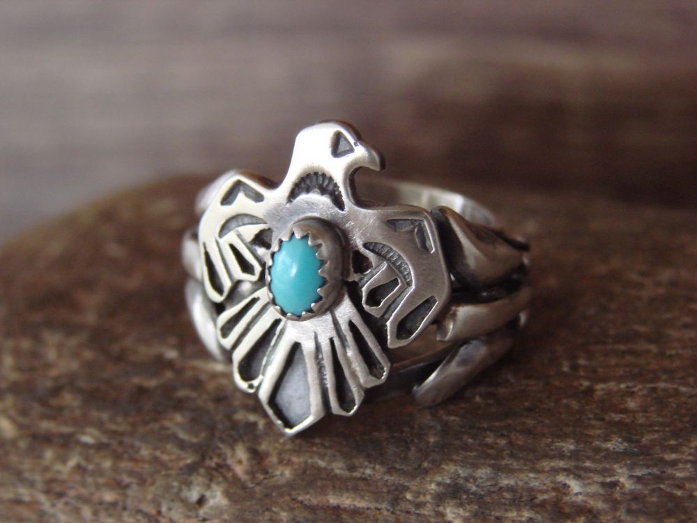 Navajo Indian Sterling Silver Thunderbird Turquoise Ring by Kenneth Size 5.5 