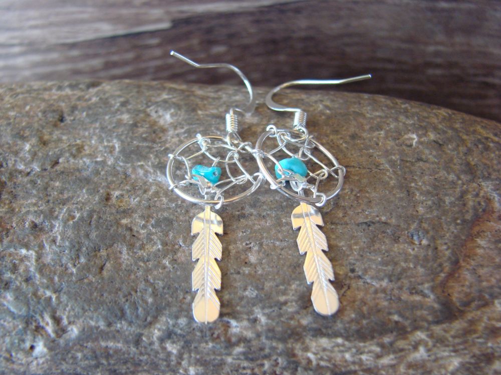 Native American Sterling Silver Turquoise Dreamcatcher Dangle Feather Earrings! 