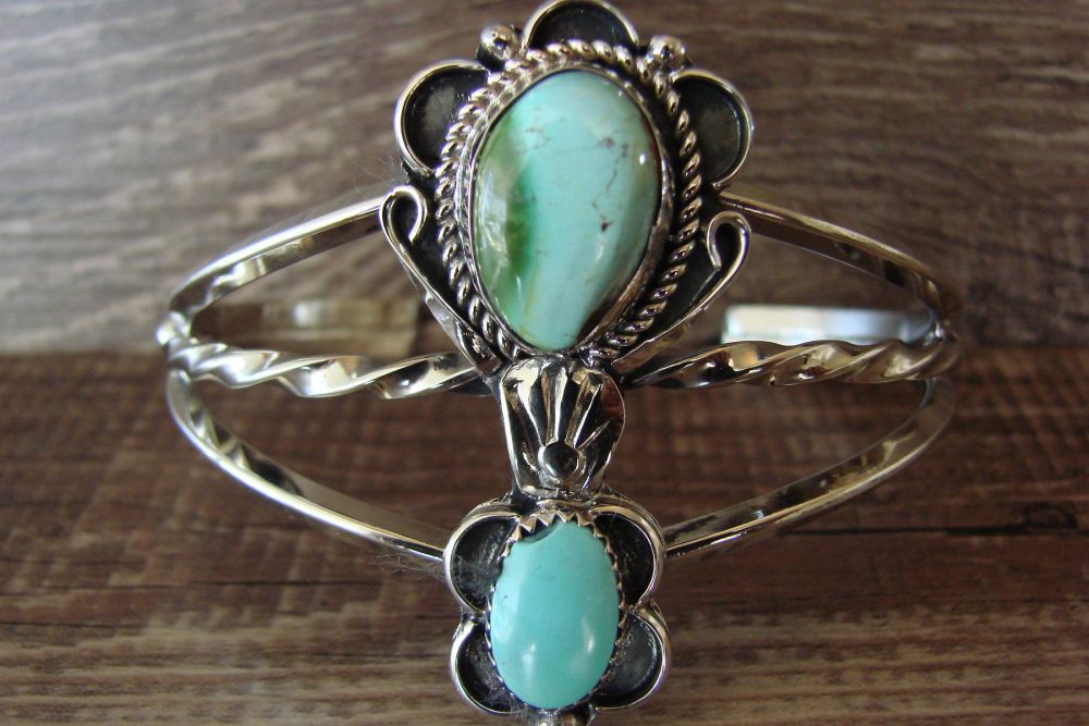 Details about   Native American Jewelry Nickel Silver Turquoise 3 Stone Bracelet by Bobby Cle... 