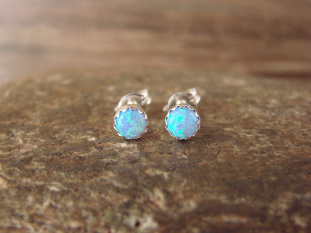 Navajo Indian Native American Sterling Silver Blue Ice Opal Dot Post Earrings 