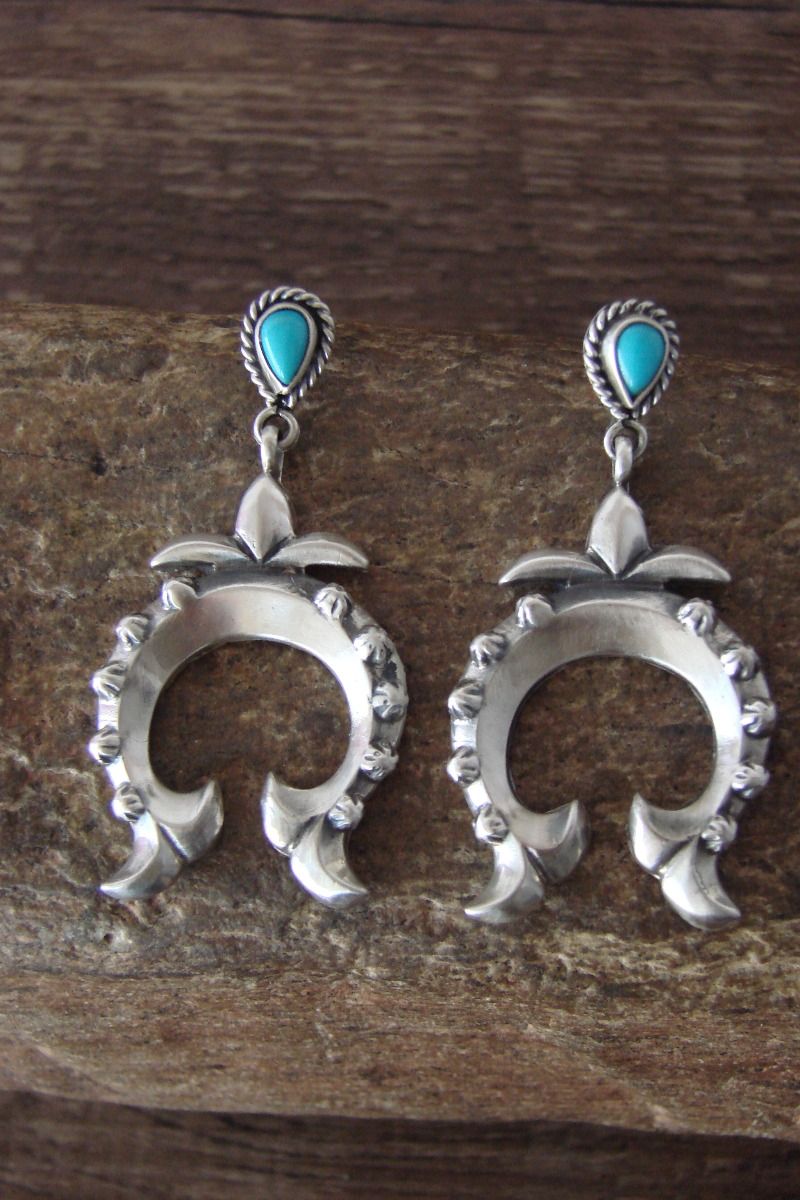 Chee Navajo Indian Turquoise Sterling Silver Cast Naja Dangle  Earrings 