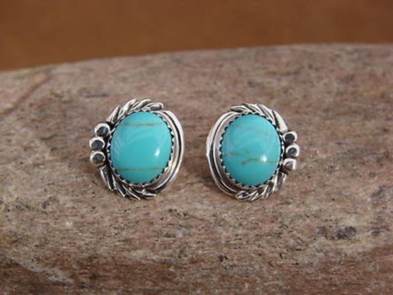 Native American Navajo Sterling Silver Turquoise Post Earrings Delores Cadman 