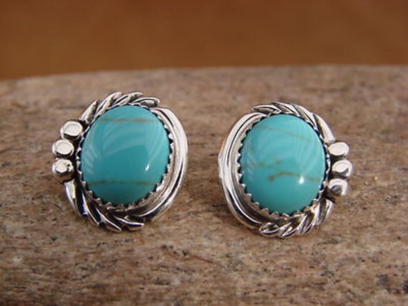 Native American Navajo Delores Cadman Sterling Silver Turquoise Post Earrings 